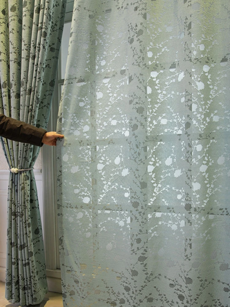 

Window Curtains Sheer for Living Room Embroidered Blue-green Window Screen Bedroom Dinning Room Kitchen Tulle Drapes