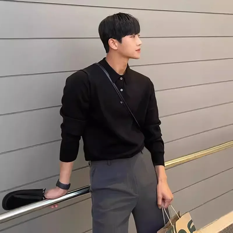 Винтажная однотонная рубашка-поло с длинным рукавом свитер для мужчин осенний