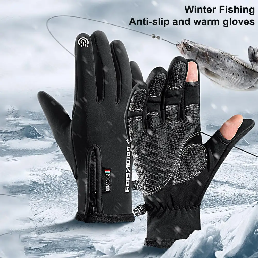 

1 Pair Non-slip Palm Water Repellent Drawstring Cuffs Letter Print Fishing Gloves Unisex Outdoor Winter Sports 2 Fingers Gloves