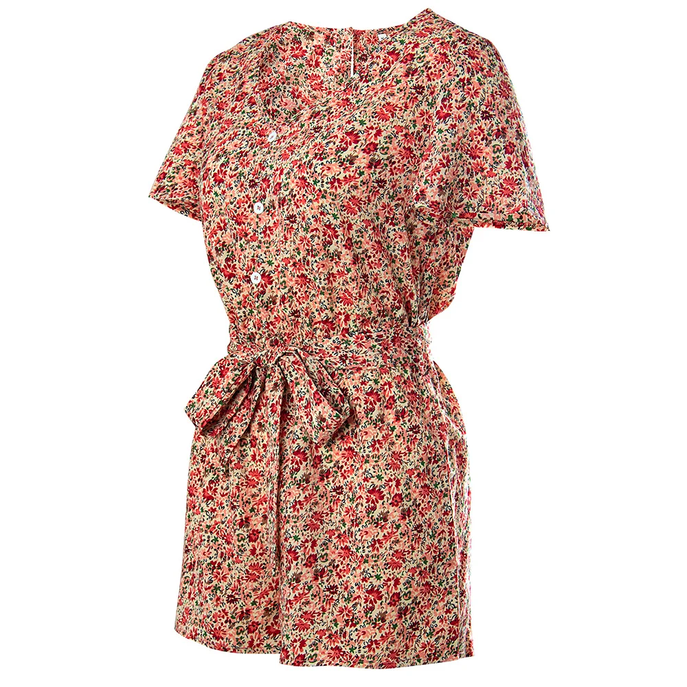 2023 Womens Short Sleeve Button Up Short Jumpsuits Floral Print Jumpsuit Summer New Fashion Sashes Playsuits Female Rompers