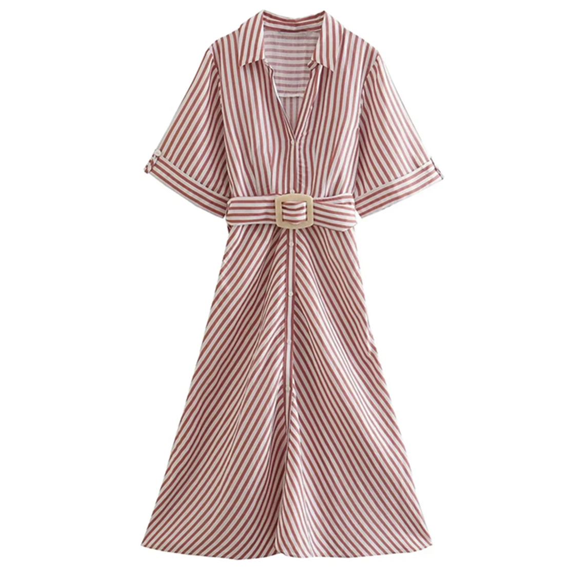 

Элегантное женское платье в полоску с поясом и V-образным вырезом