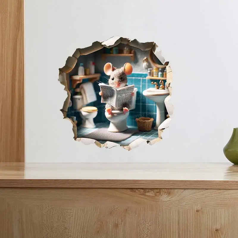Забавная Наклейка на стену в ванную комнату мышь книга для чтения туалете