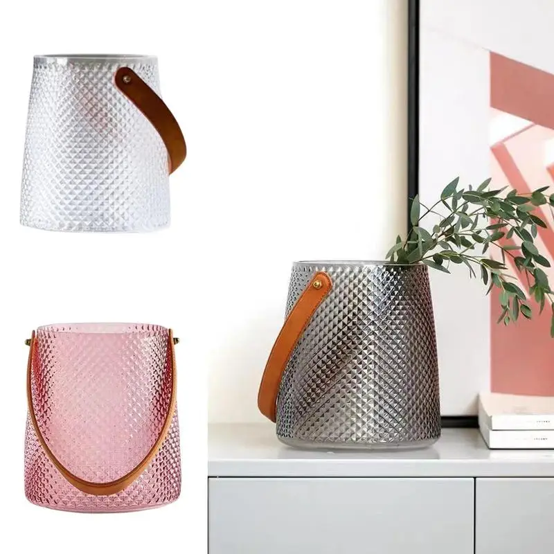 

Glass Flower Vase Purse Bag Vase With PU Leather Handle Transparent Flowerpots For Floral Arrangement Living Room Desktop Decor