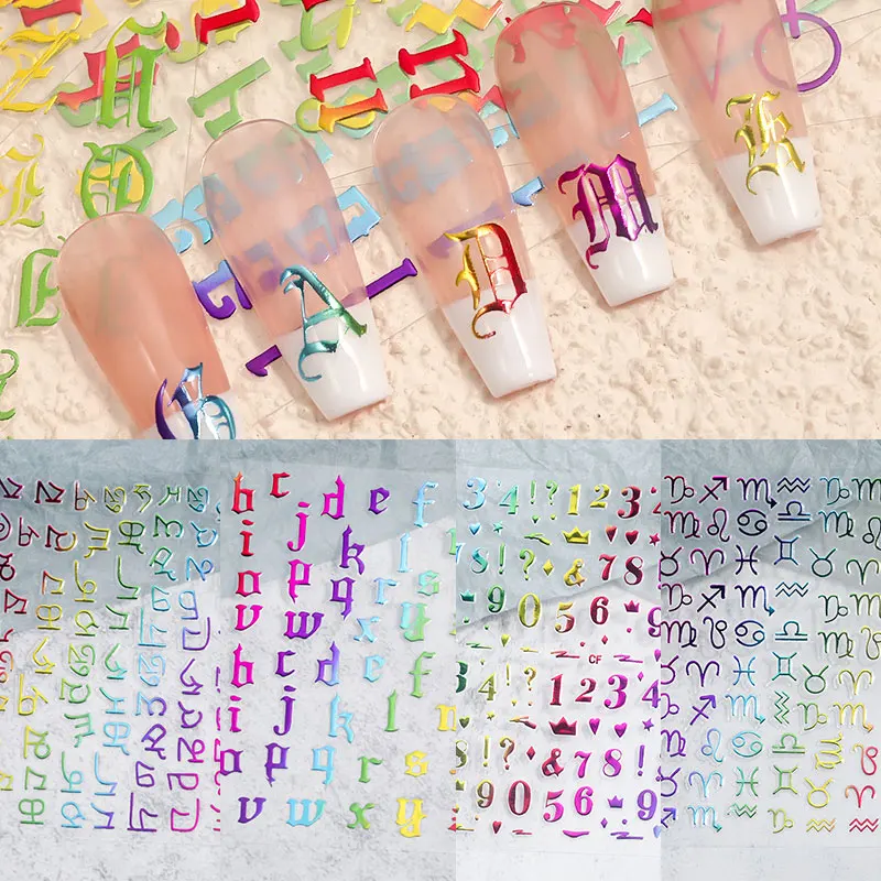 

1 Sheet Back Glue Nail Art Sticker Self Adhesive 3D Laser Gradient Number Character DIY Nail Art Decal Foil Decoration Manicure