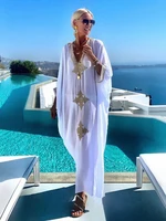 White Maxi Dress Swimsuit Cover Up 2022 V Neck Gold Embroidery Long Dress Robe Plage Kaftan Sarong Beachwear Pareo Cover-up