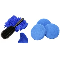 6 pcs car accessories 3 pcs microfiber foam sponge polish wax applicator pads 3 pcs car wheel cleaning brush