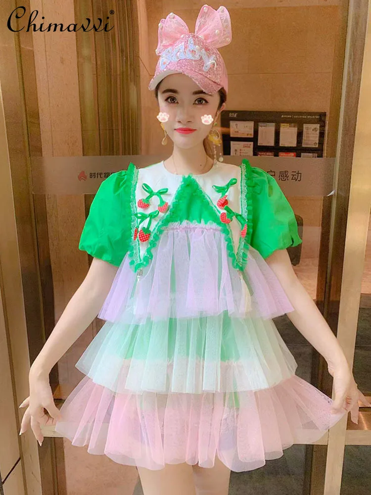

Short-Sleeved Shirt for Women 2022 Summer New Korean Style Sweet Strawberry Doll Collar Mesh Patchwork Blouse Fashion Women Tops