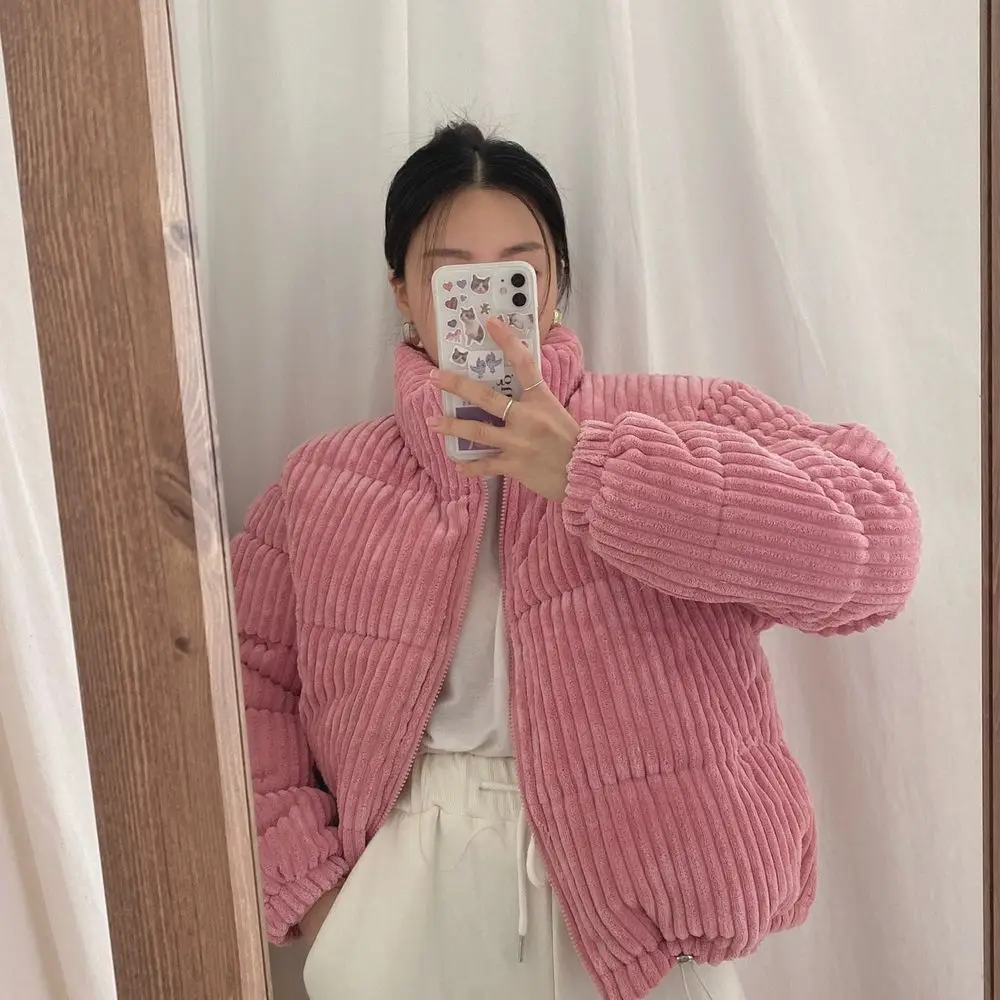 Winter Crop Corduroy Jacket Women Korean Chic Fashion Parka Femme 2023 Fashion New Thick Warm Bubble Coats Cotton Coats Parkas