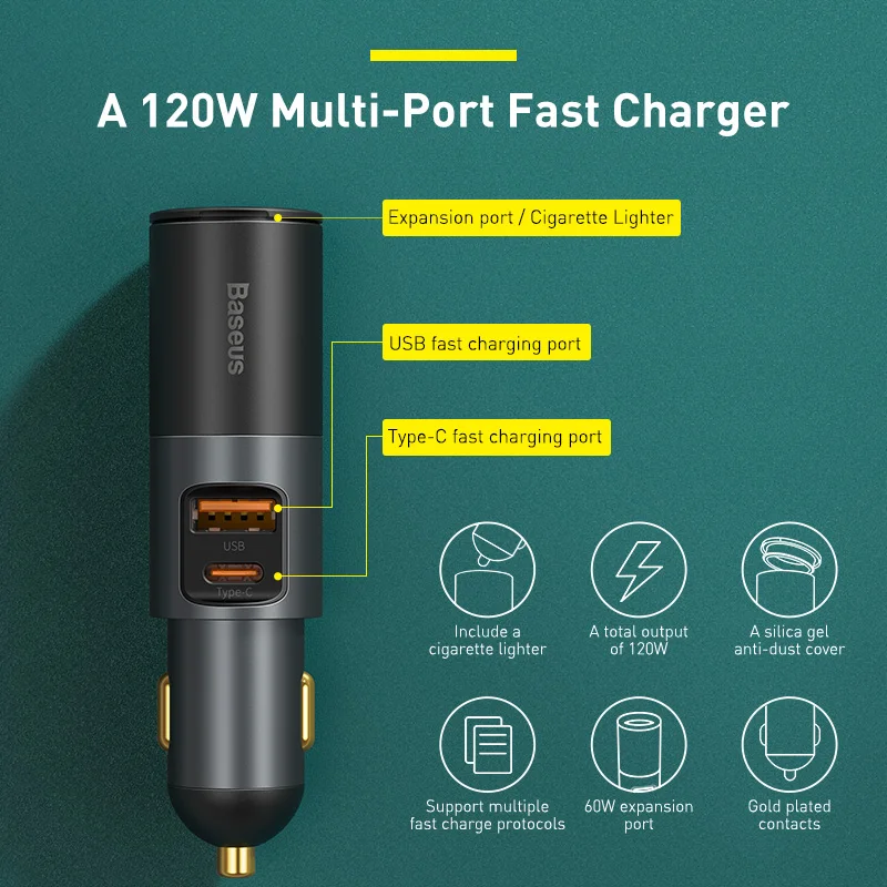 baseus 120w car phone charger quick charge qc 4 0 3 0 usb type c expand charger adapter for cigarette lighter socket splitter free global shipping