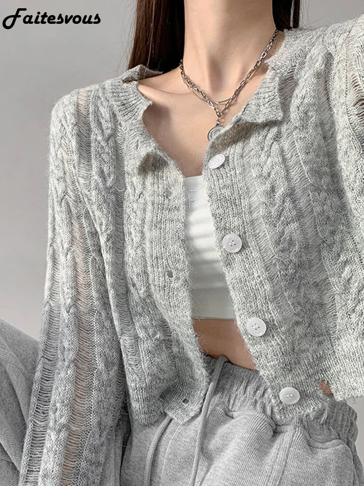 New Style Ripped Twist Knitted Cardigan Women Thin Loose Button Sweater Jacket High Waist Long Sleeve Crop Tops Woman