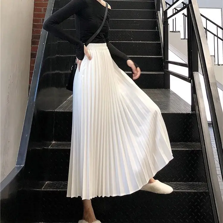 

Women Fashion Pleated Midi Long Skirts Female Korean Japanese Casual High Waist Skirts Jupe Faldas 2022 Spring Autumn A41