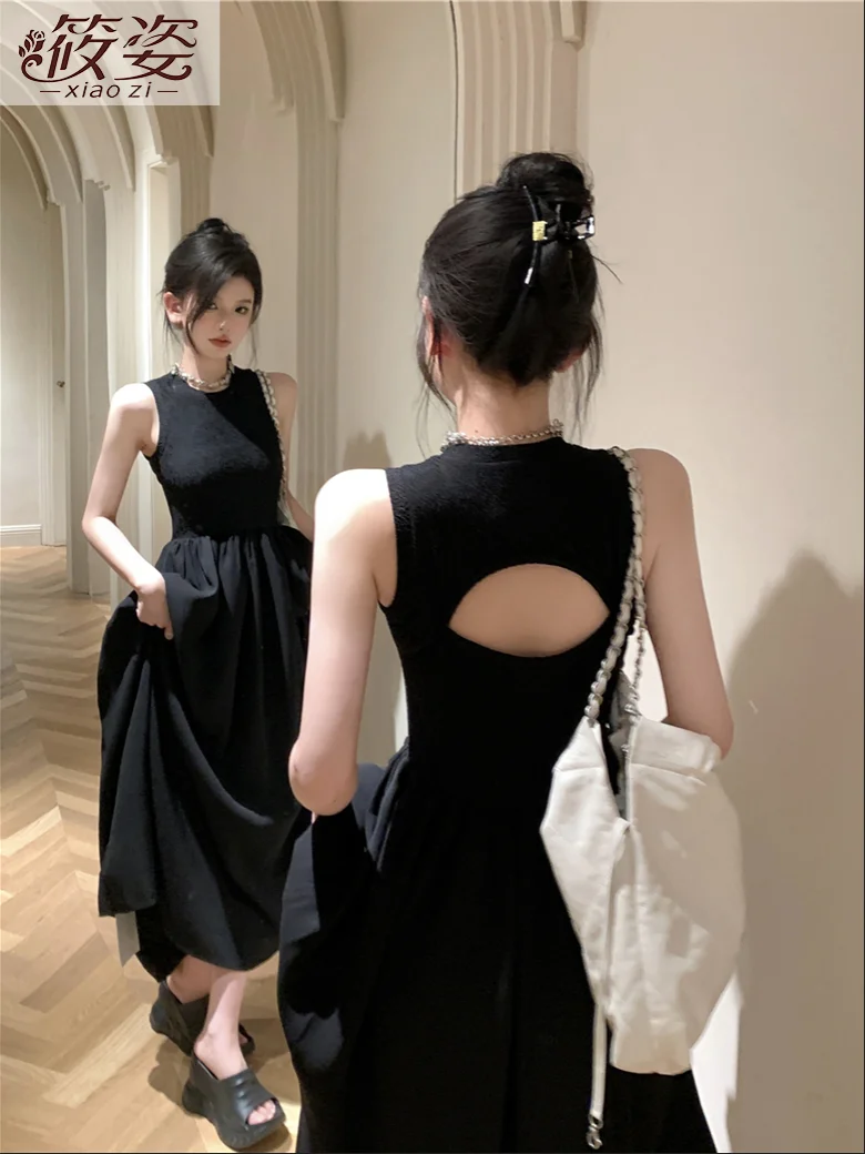 

Платье Xiao Zi женское с круглым вырезом, длинная Фея во французском ретро-стиле, с открытой спиной и разрезом, черное дизайнерское весеннее