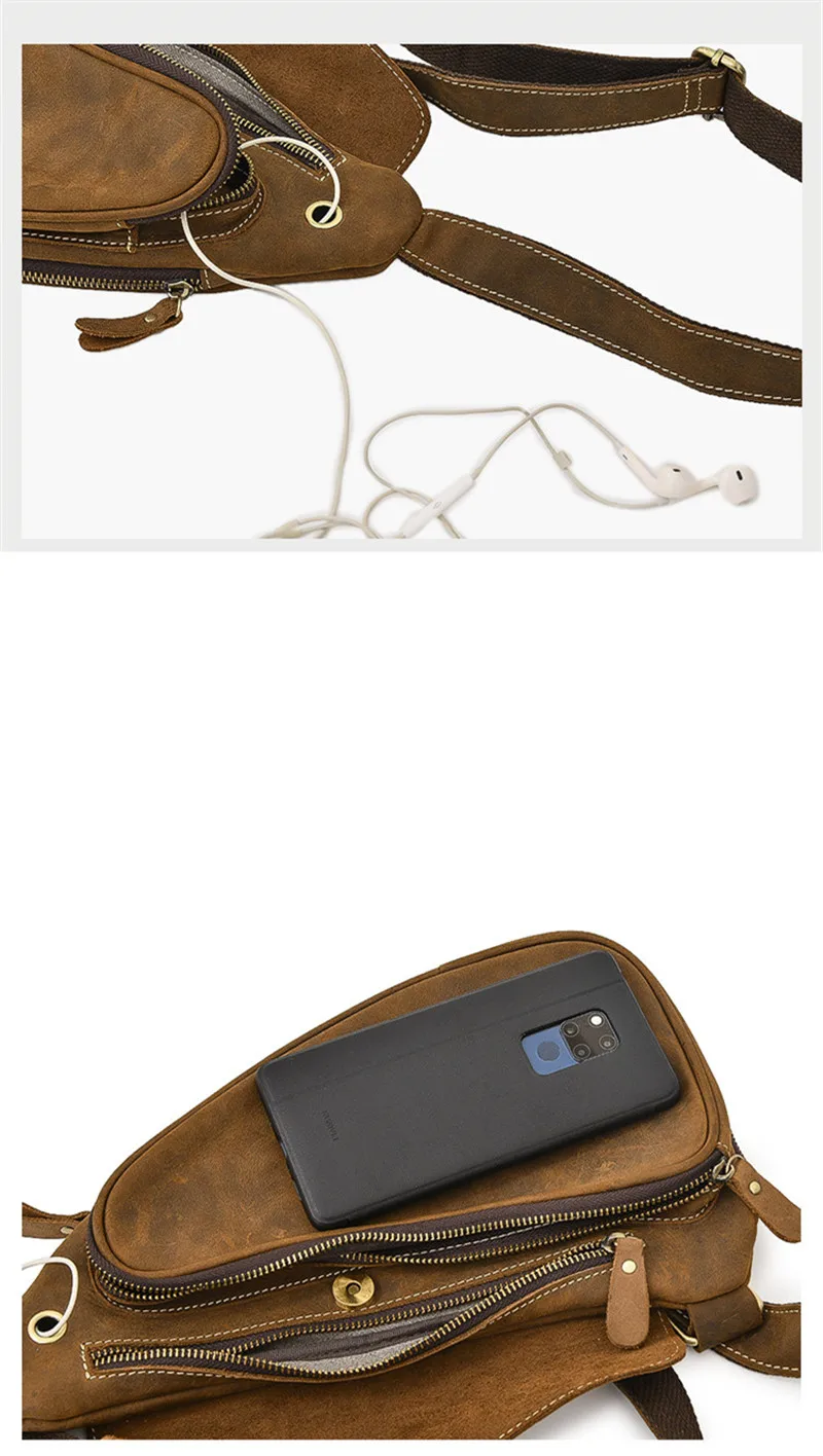 Casual vintage genuine leather men's small chest bag fashion design natural crazy horse cowhide daily sport USB crossbody bag