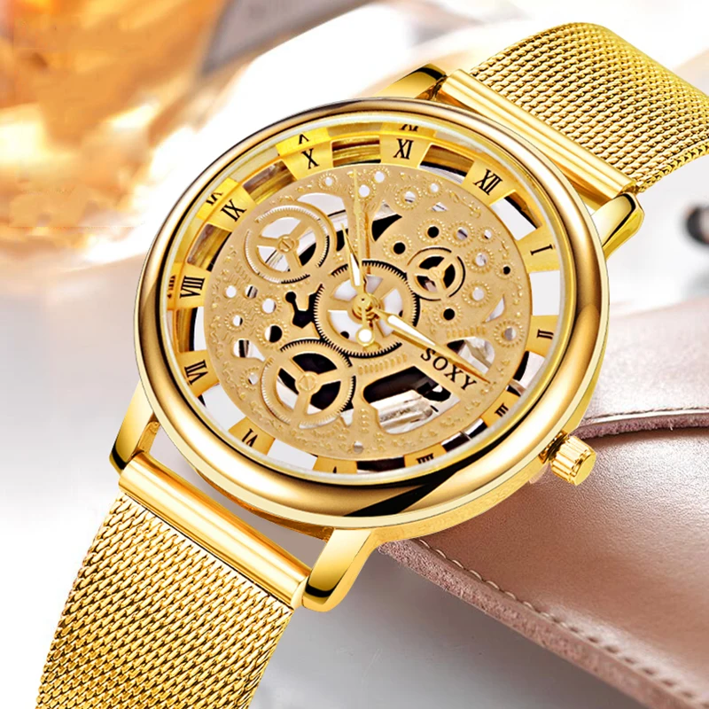 

2019 Luxury Skeleton Watch Men Women Wrist Watch Fashion Watch Homme 2019 Gold Wrist Watch Men of Steel Mesh men see reloj mujer