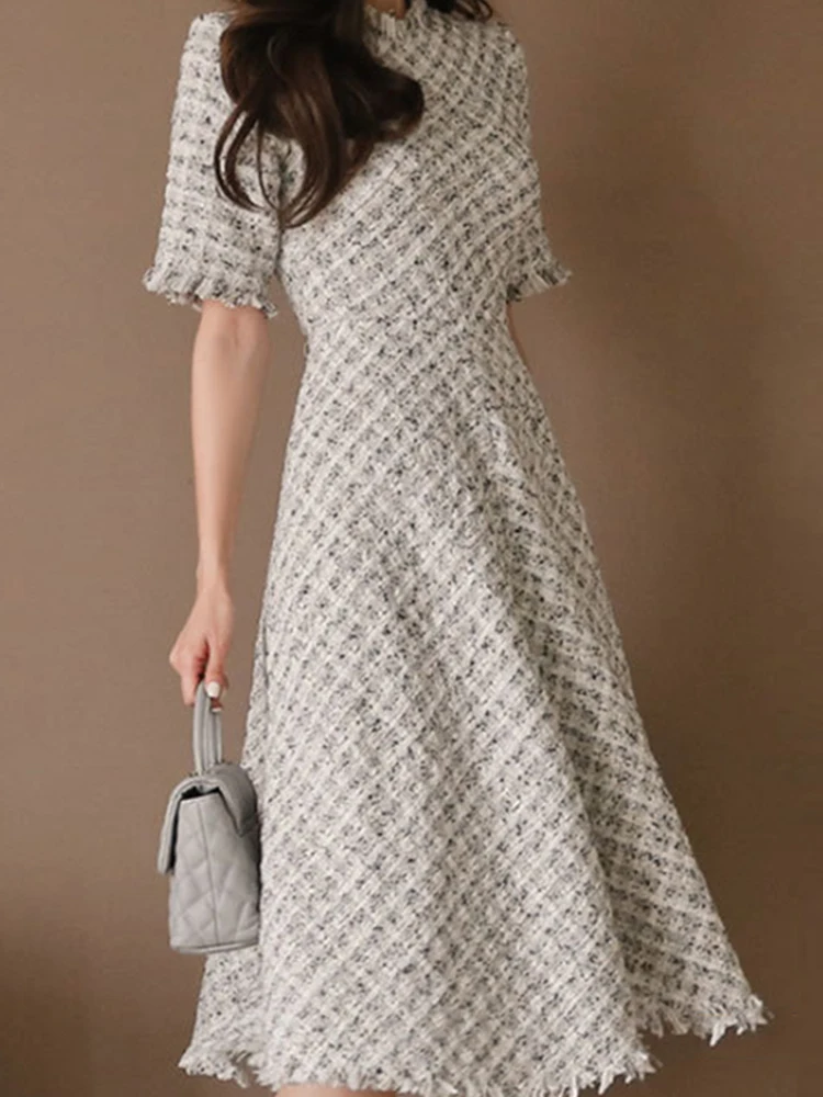 Women Fashion Chic Party Dress Luxury Casual Crew Neck Short Sleeve Plaid Slim Gown Robe Ladies Elegant A-Line Vestidos