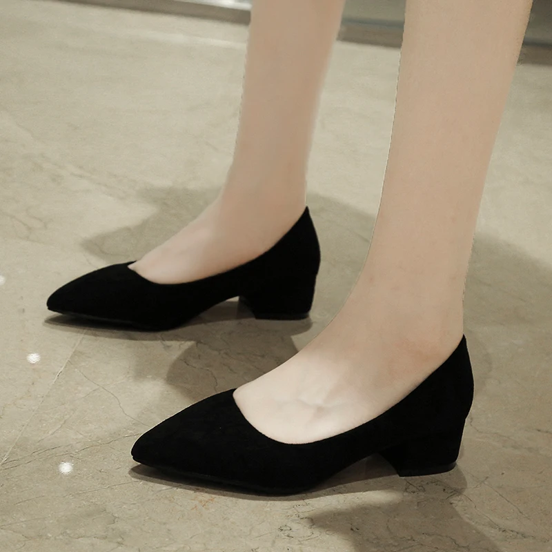 2023 Large Size New Low-top Work Shoes Autumn Thick Heel Solid Color Shallow Mouth PU Sleeve Toe High-heeled Women's Shoes