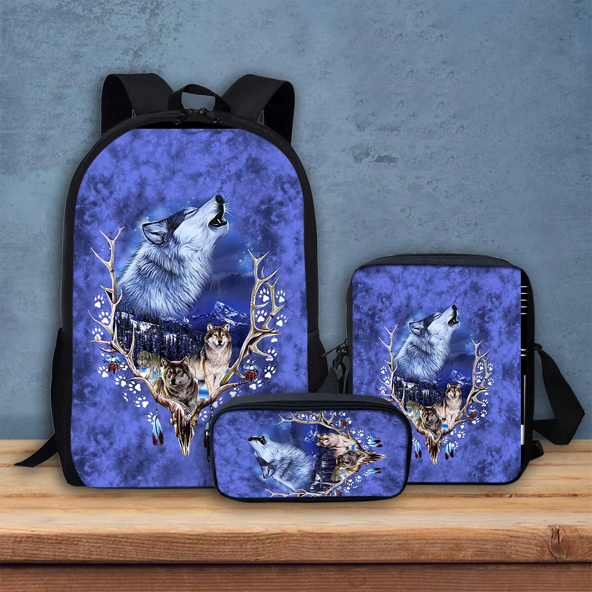 Classic Wolf Printed Student Bag Back to School Teen 3Pcs/Set  Crossbody Bag Outdoor Travel High Quality Boys Girls Pencil Case