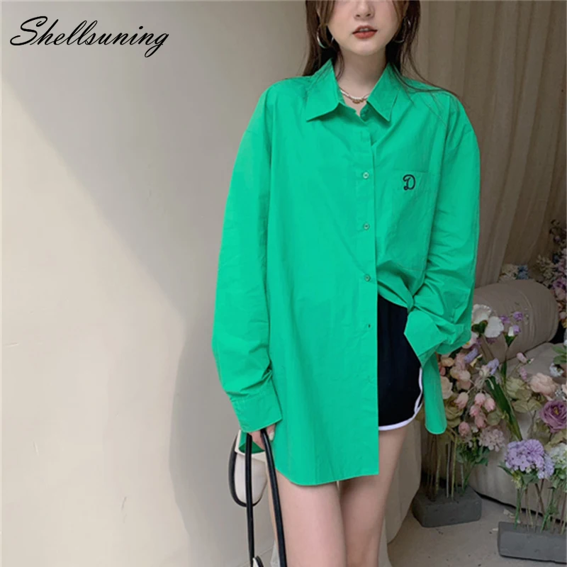 

Shellsuning Solid Loose Minimalist Temperament Shirt Women Autumn New Korean Lapel Long Sleeve Blouse Female Casual Commute Tops