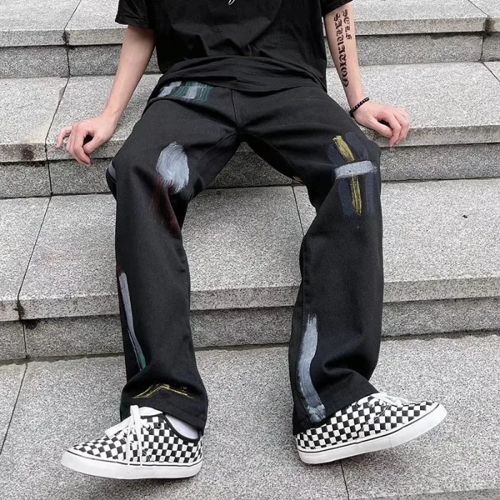 Men's Jeans Ins Hip Hop Contrast Color Graffiti Print Jeans Y2k Korean Version Fashion Street Loose Straight Jeans Ins Hot Sale