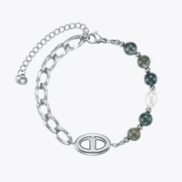 enfashion green natural stone bracelets for women stainless steel link chain pearl bracelet fashion jewelry pulseras mujer b2258