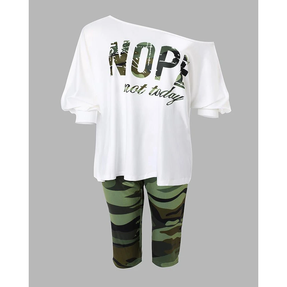 Summer Casual Camouflage Letter Print Skew Collar Cold Shoulder Tee Top & Capris Pants Set 2 Piece Set Women Outfits Streetwear