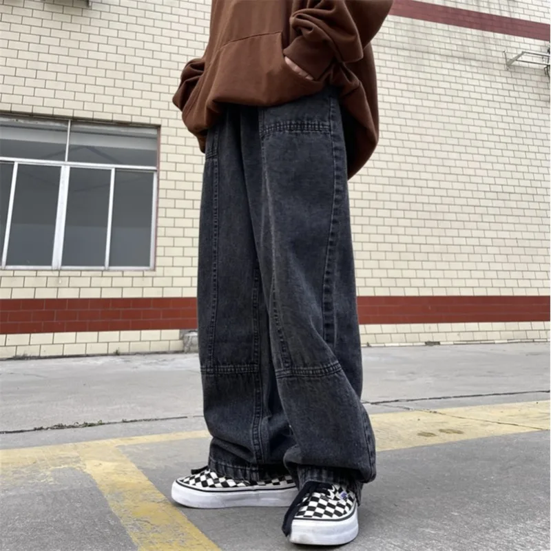 

ZCSMLL Menswear | Japanese Vintage Wash Stitched Black Denim Pants Men's and Women's Loose Straight Casual Black White Jeans