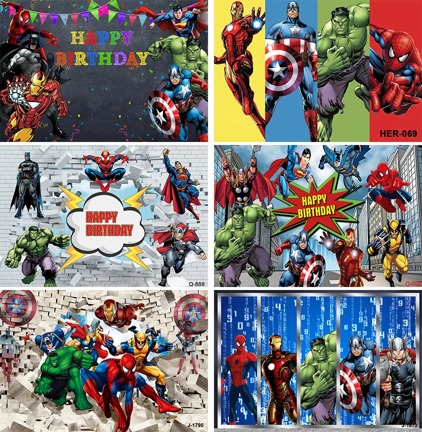 

Cartoon The Avengers Superhero Spiderman Photography Background for Boys Birthday Party Studio Booth Props Backdrop Supplies