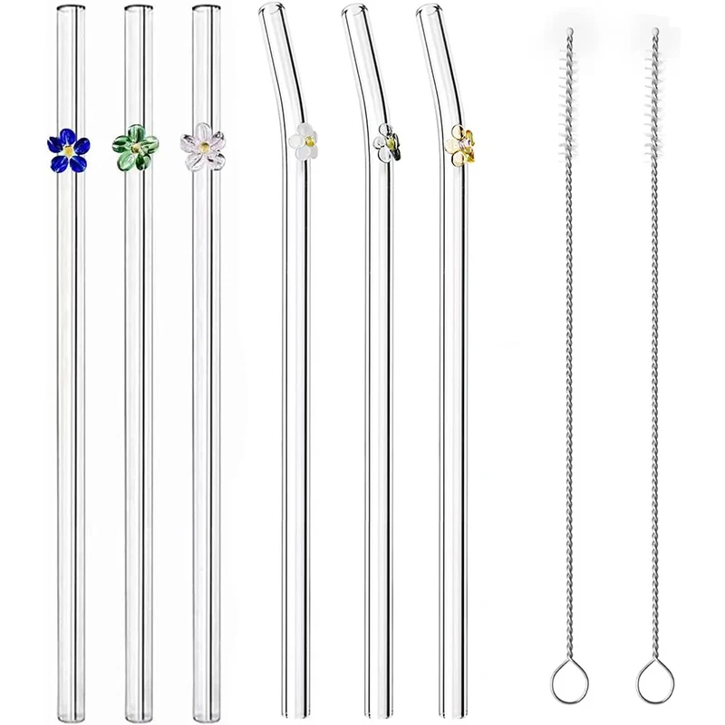 

1 PC Reusable Glass Straws With Flowers Cleaning Brushes Eco-friendly Drinking Bent Glass Straw For Smoothies Milkshakes Juice