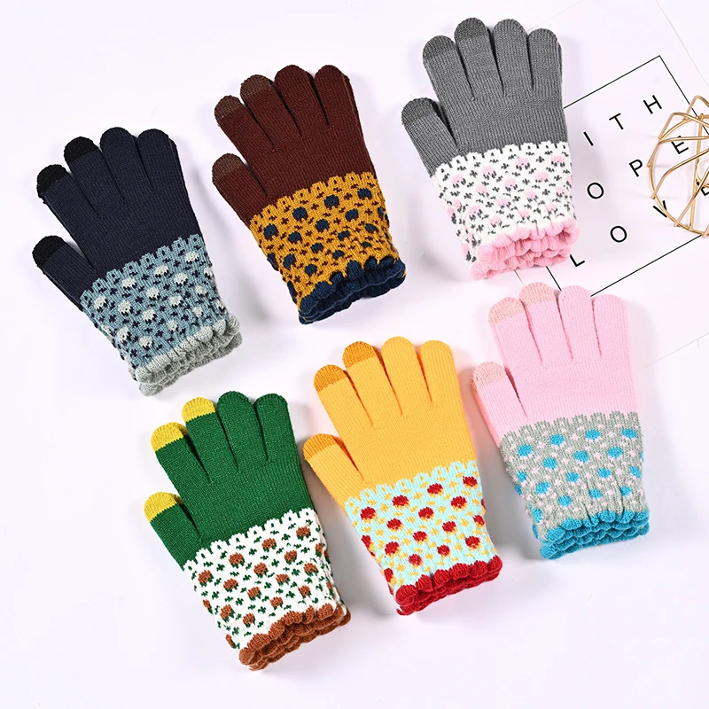 

1Pair Woolen Knitted Touch Screen Gloves Winter Warm Thicken Women Men Stretch Full Finger Gloves Female Print Knitting Mittens