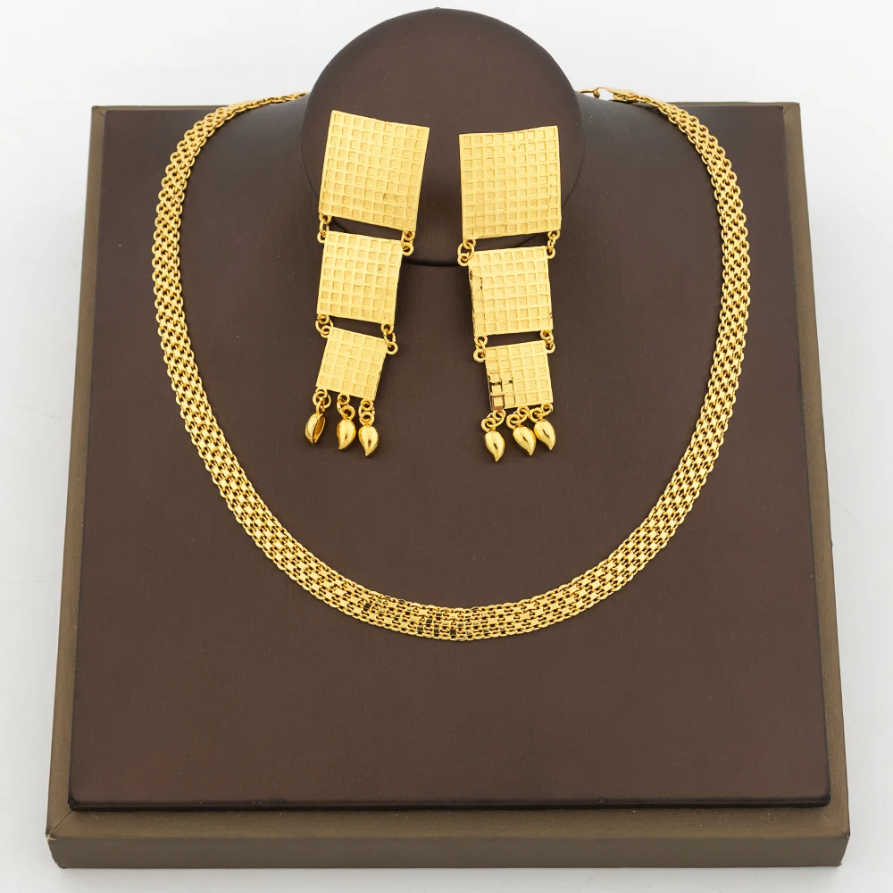 

Brazilian Golden Plated Jewelry Set for Women Long Earrings and Chain Necklace Engagement Bridal Jewelry Copper Accessories