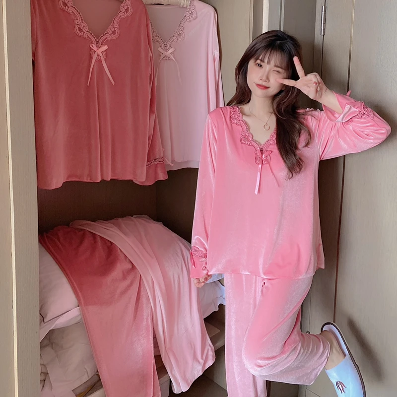 Winter Spring Women Girl Pajamas Fashion Cute Solid Color Velvet Sleepwear Sets Home Clothes