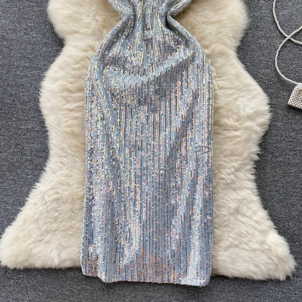 Сексуальное женское праздничное платье до середины икры с блестками без рукавов