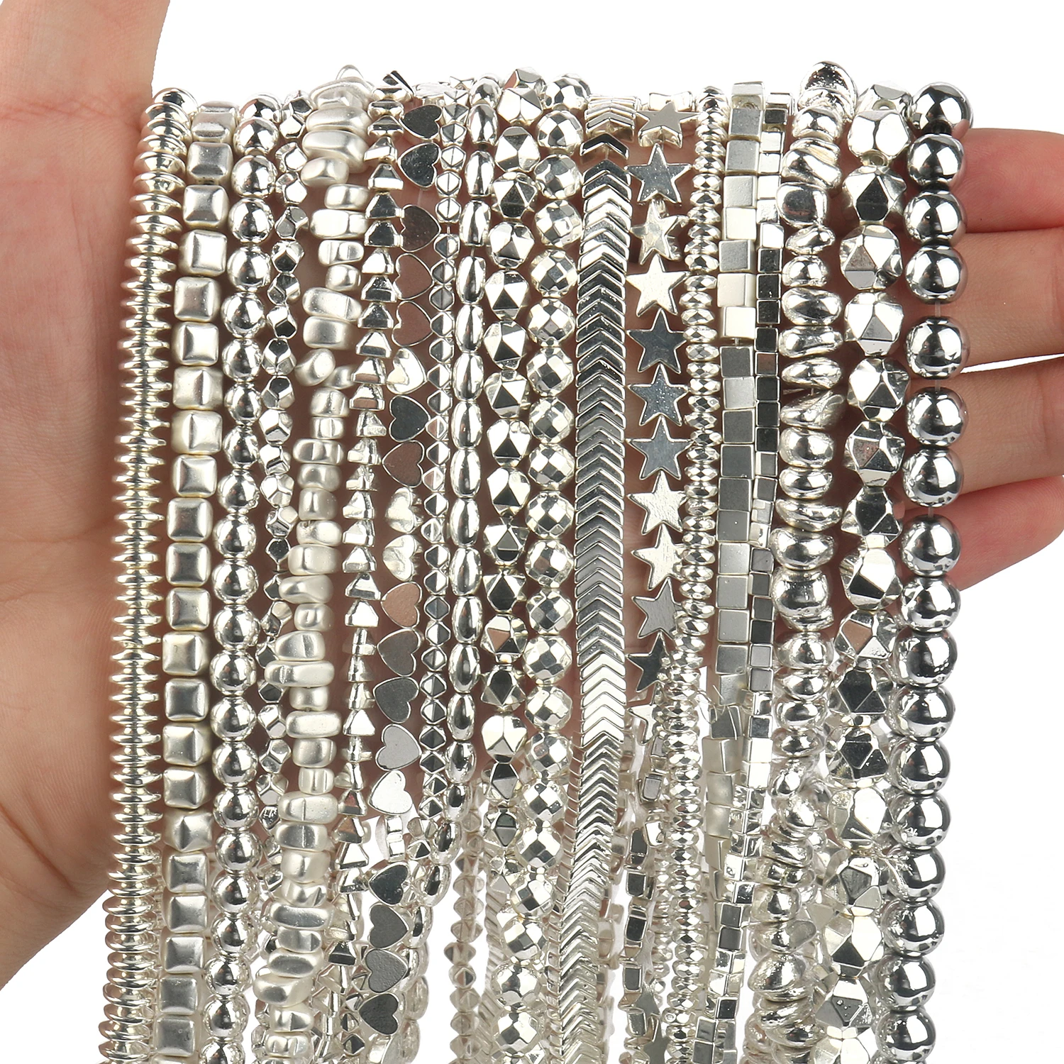 

Silver Plated Hematite Spacer Beads Multi Style Heart Round Star V Shape Loose Stone Beads for Jewelry Making diy Bracelets 15"