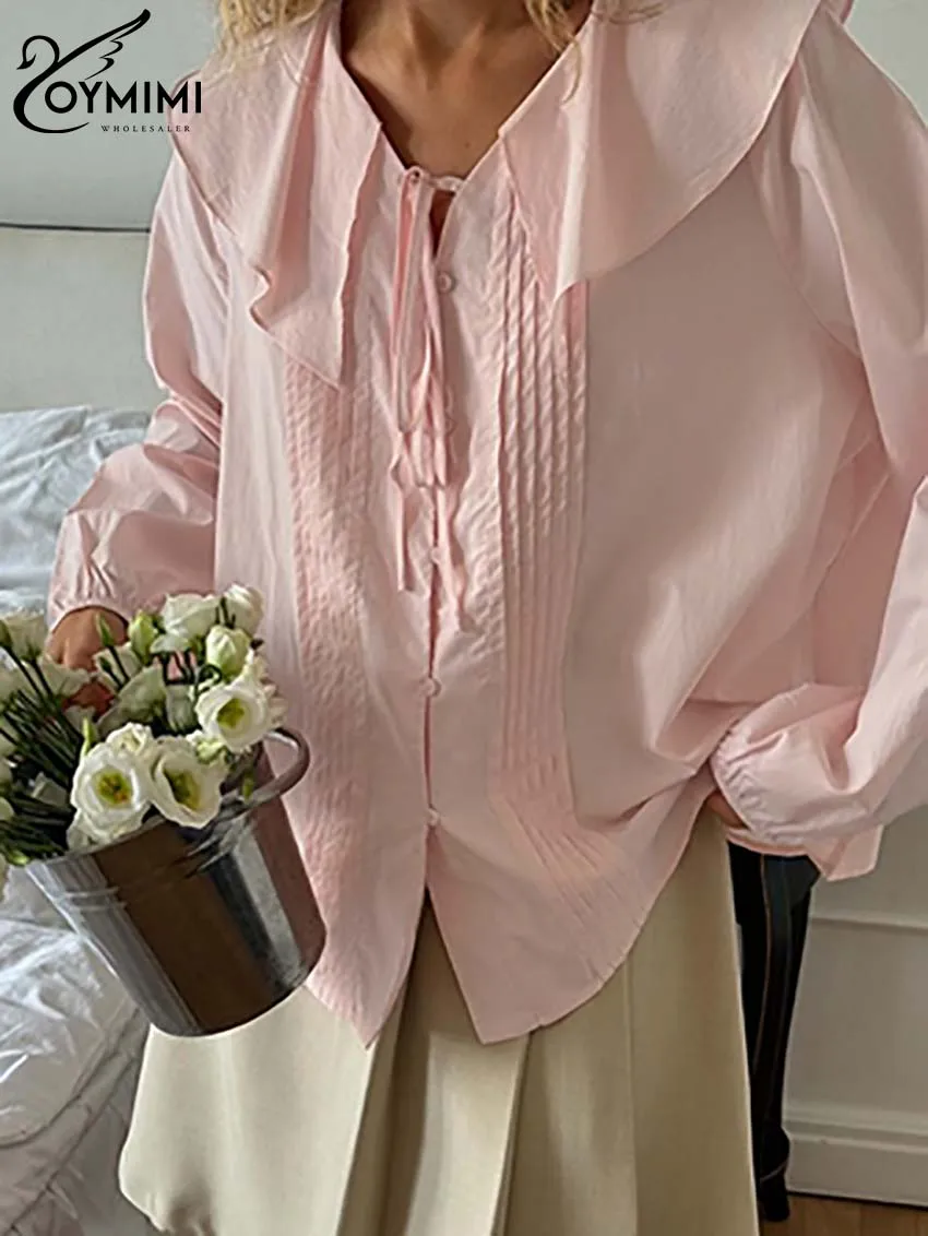 Oymimi модная белая плиссированная женская блузка повседневные рубашки на шнуровке