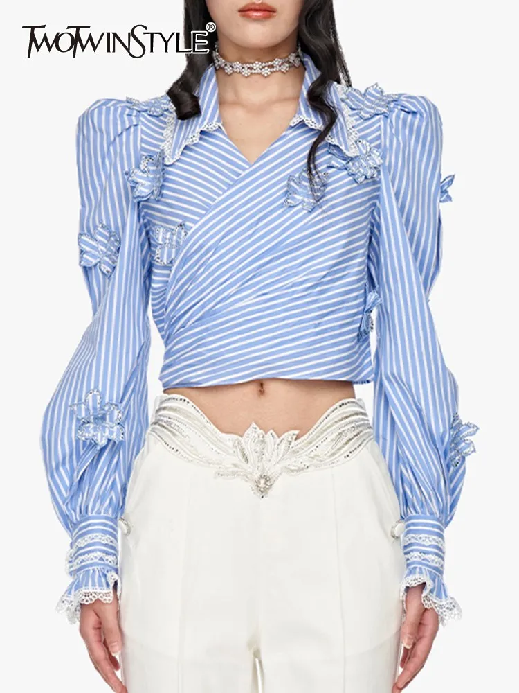 

TWOTWINSTYLE Striped Elegant Shirt For Women Lapel Puff Sleeve Patchwork Appliques Temperament Vintage Blouse Female Fashion New
