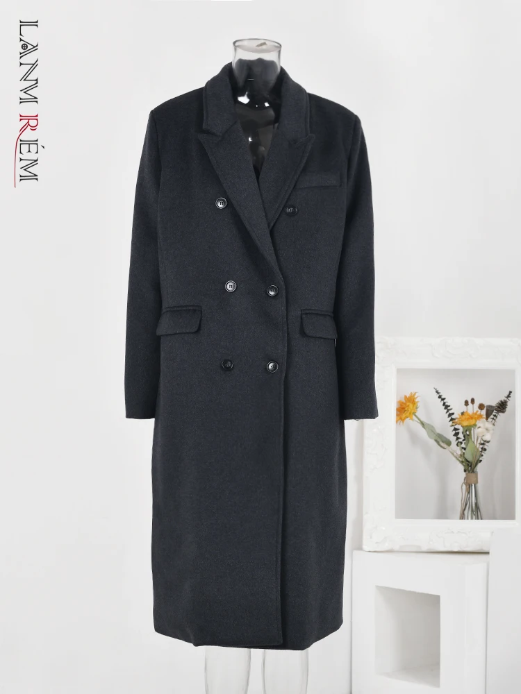 

Длинное шерстяное пальто LANMREM в Корейском стиле, Женская двубортная одежда с отложным воротником, винтажная серая зимняя одежда, новинка 2023, CP2346