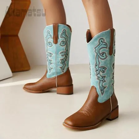 Color Block Embroidered Mid Calf Cowboy Boots Retro Chunky Heel Med Heel Women Shoes Spring for Autumn Winter Boots Large 35-48