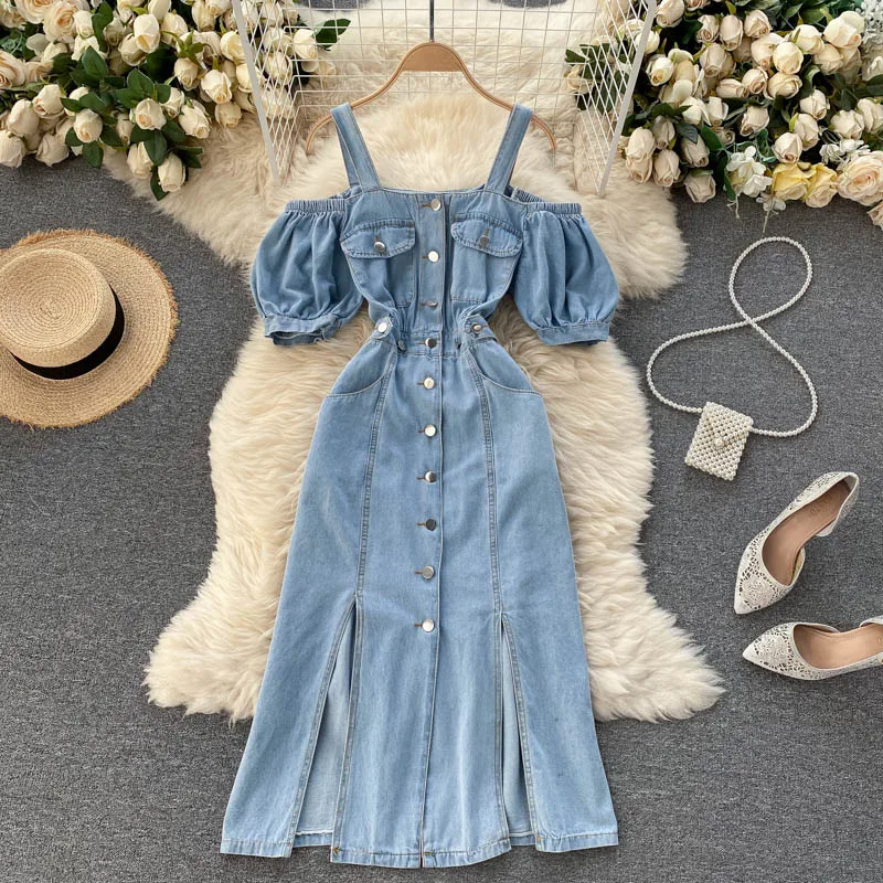 

FTLZZ новое летнее повседневное женское однобортное платье с разрезом женское платье-миди винтажное джинсовое платье на тонких бретелях с пы...