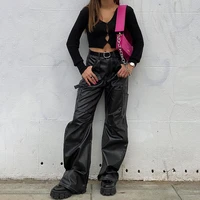 dourbesty women pu leather pants fashion straight trouser with pockets e girl goth punk style long pants 90s 00s streetwear