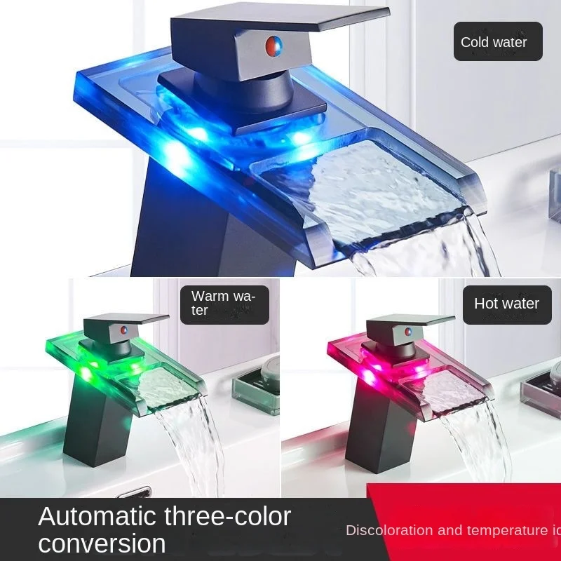 

LED Waterfall Faucet, Glass Full Copper, Hot and Cold Bathroom Sink Washbasin Power Generation Temperature Control Discoloration
