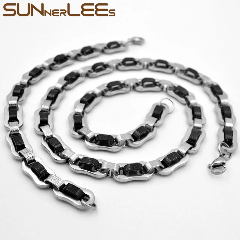 

SUNNERLEES 316L Stainless Steel Necklace Bracelet Set 10mm Geometric Byzantine Link Chain Black Silver Color Men Women SC210 S