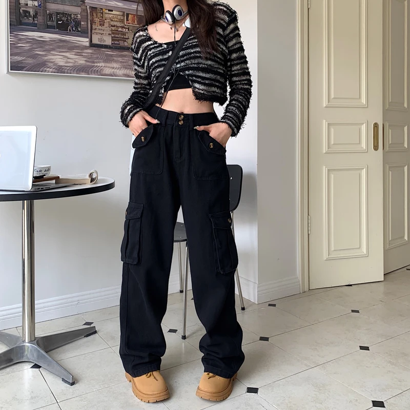 

GDZS Y2K Harajuku Streetwear Black Cargo Pants Women Oversize Pockets Hip Hop Wide Leg Trousers Female Korean Fashion Sweatpants