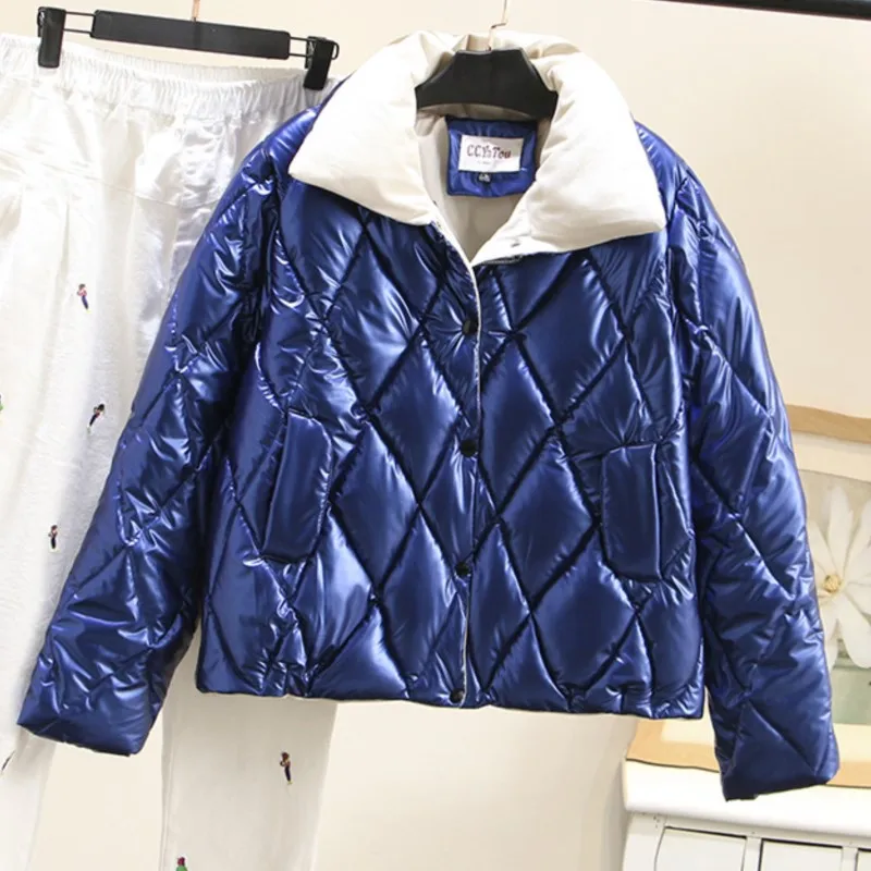 2022 Winter 5xl Plus Size For Women Parka Loose Fit Short Padded Jacket Shiny Argyle Thick Casual Down Cotton Stand Collar Coat