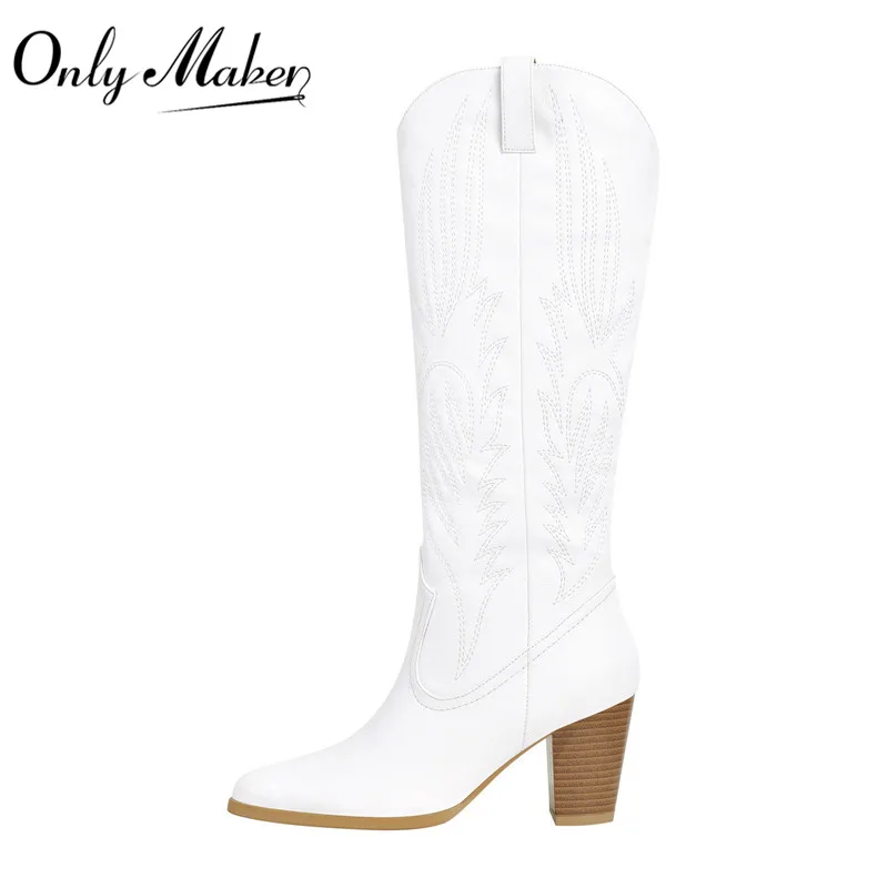 

Женские ковбойские сапоги Onlymaker до колена, сапоги в западном стиле, с вышивкой, с острым носком, на блочном каблуке, голеностоп