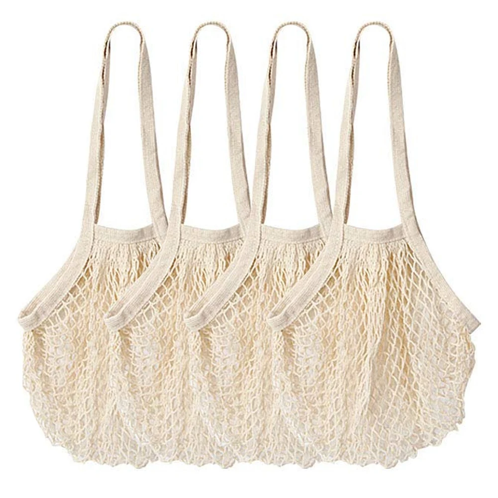 

ASDS-Reusable Produce Bags, 4 Pack Extra Long Handle Mesh Cotton Grocery Bags, Eco-Friendly Washable Shopping Bags