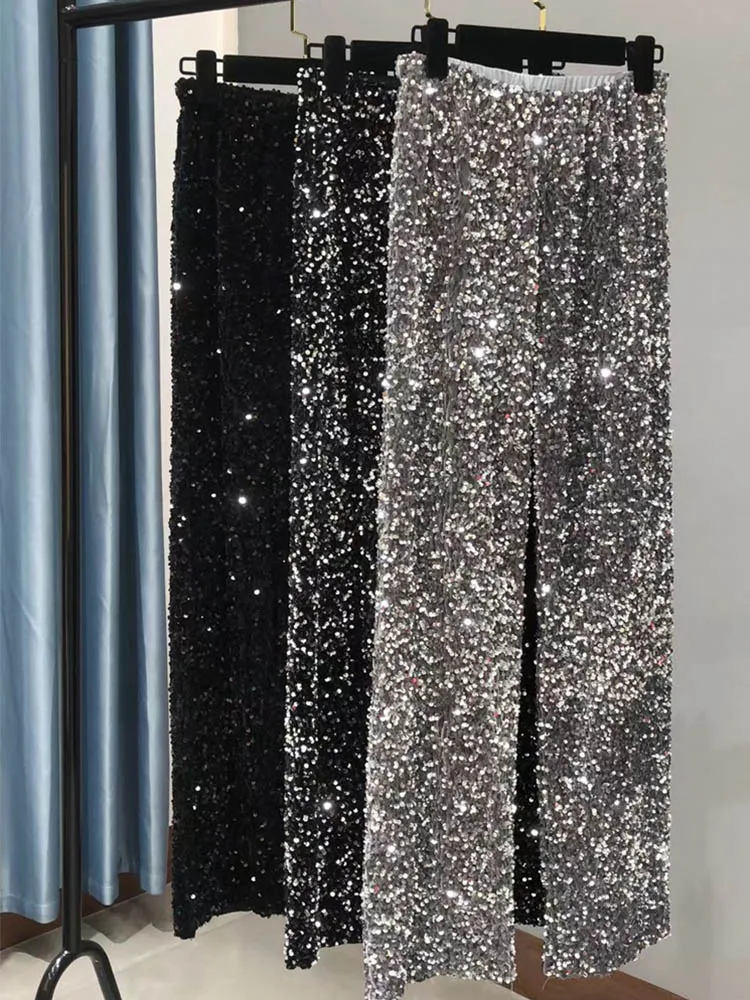 Новые модные женские блестящие золотые брюки расслабляющие широкие с высокой