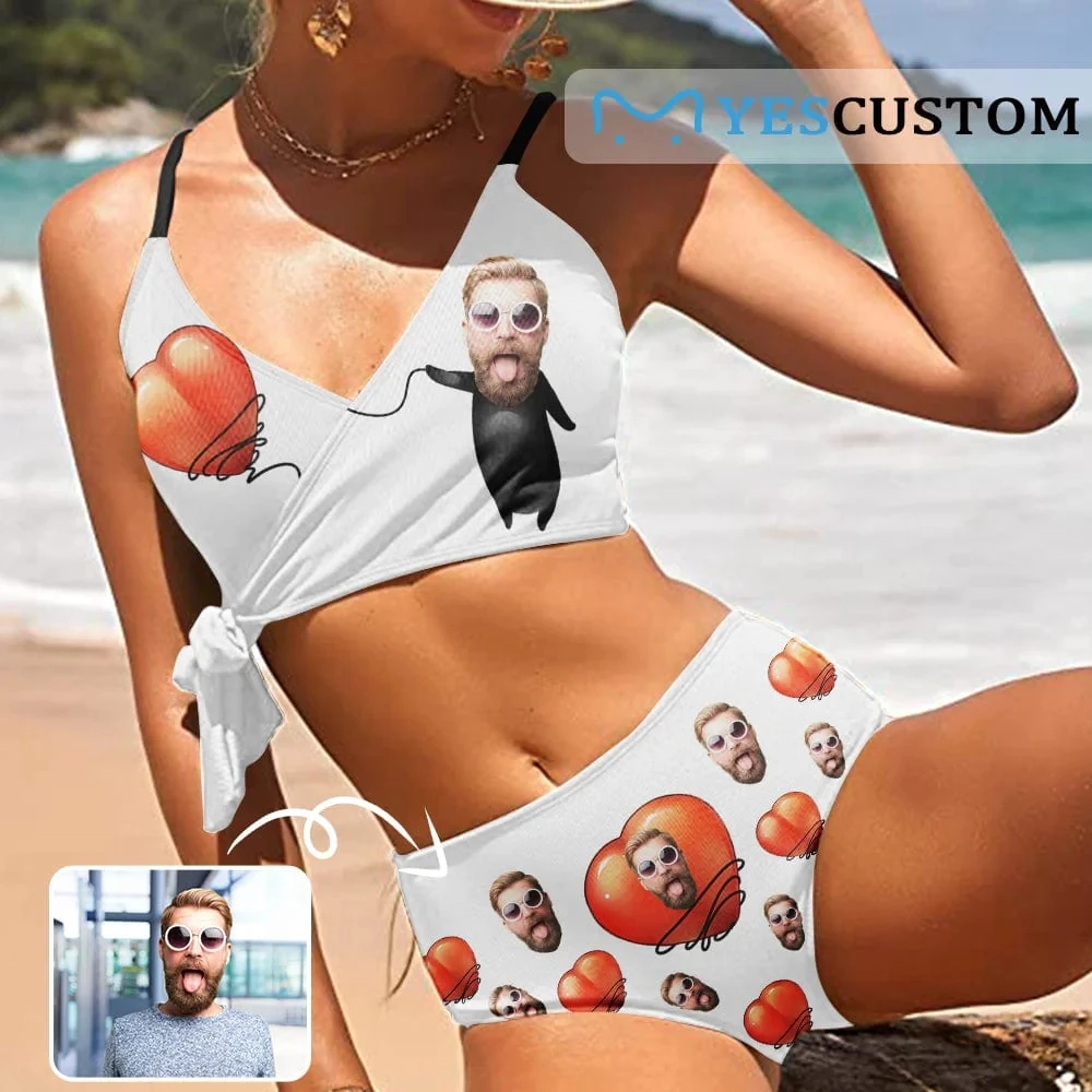 

Custom Husband Face Heart Funny Knot Side Bikini Swimsuit Women's Two Piece Swimsuit Personalized Bathing Suit Summer Beach