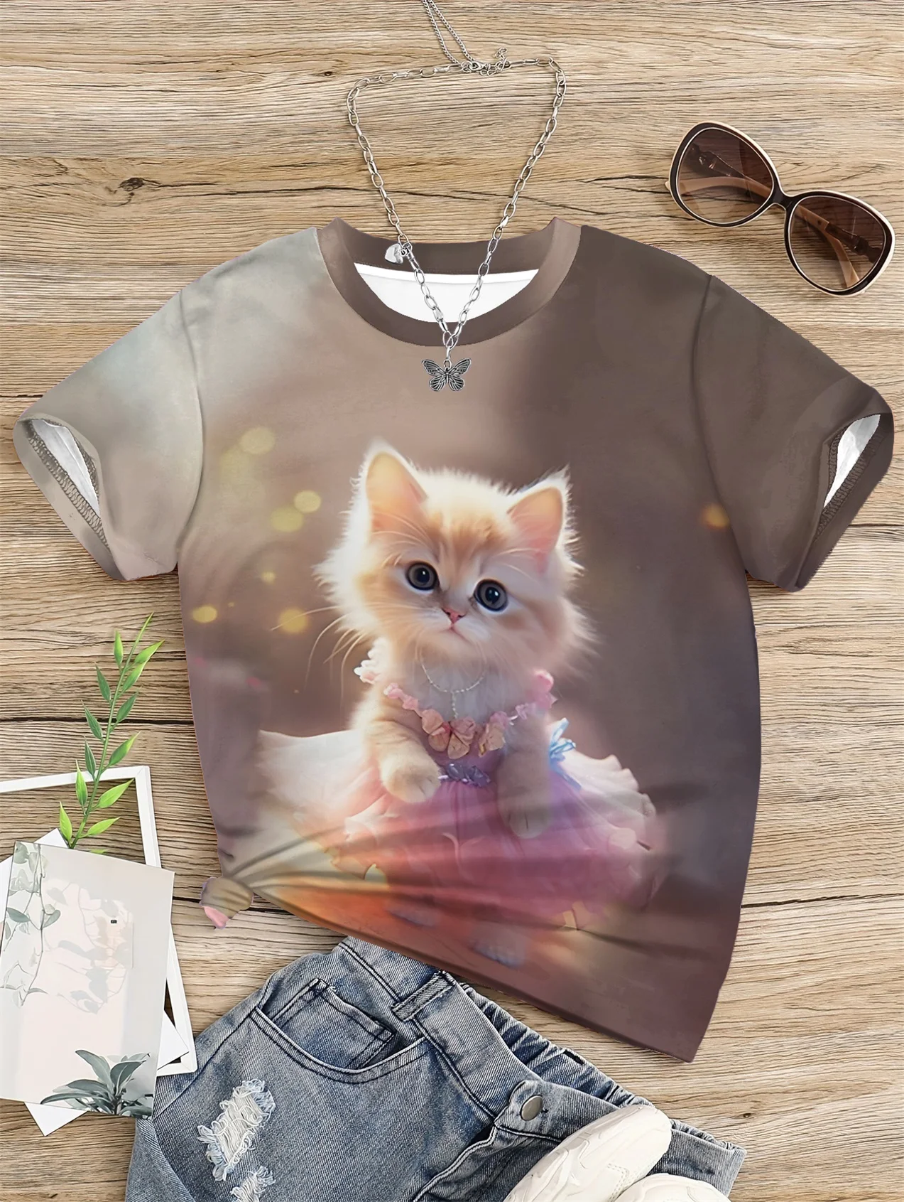 Темная Футболка Для Девочек С Милым Мультяшным Котом Летний Повседневный Топ