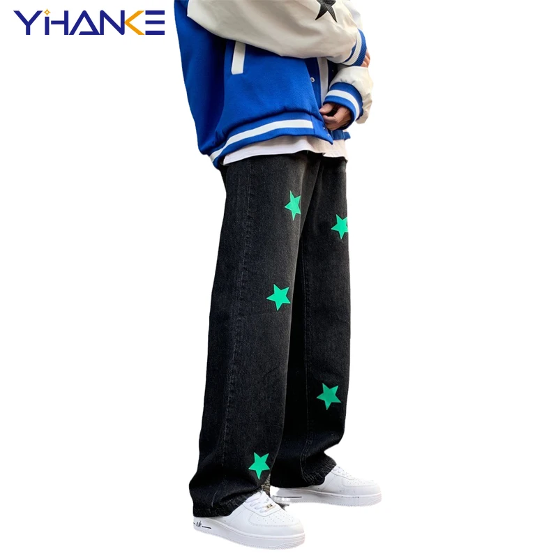 YIHANKE Spring New Trend Men Pentagram Print Jeans Straight Leg Pants Loose Wide Leg Jeans Pants Fashion Men Trousers Pantalones