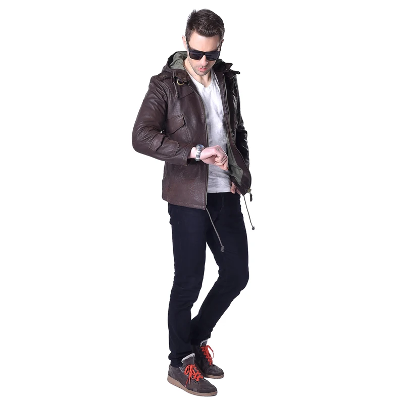 Мужская кожаная куртка с капюшоном Повседневная приталенная из натуральной